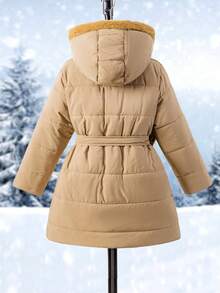 女童绗缝中长款连帽羽绒服，带腰带和口袋，适合休闲、户外、秋冬季穿着。 - 棕色 - 查看 2