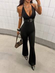 StreetHx Bộ jumpsuit nữ màu đen gợi cảm cổ chữ V, thắt dây (kèm thắt lưng có khoen) ống loe, thích hợp dự tiệc. - màu đen - Xem 3