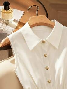 Franclia 女士纯色单排扣褶裥优雅收腰无袖衬衫，适合约会和外出穿着 - 白色 - 查看 3