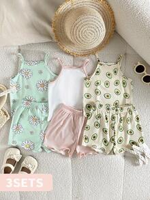 SHEIN Playful Pals 3 件套女婴休闲夏季套装，雏菊花卉牛油果水果印花，纯色绿色、粉色、米色罗纹质感无袖吊带背心和短裤套装，柔软弹力面料，适合女婴沙滩度假穿着，幼儿夏季套装，女童背心短裤套装，小女孩夏季套装，女婴短裤套装 - 彩色 - 查看 9
