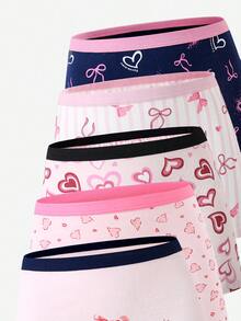 5pcs Girls' Heart & Bow Minimalist Cute Multi-Color Cotton Printed Panties Set - Multicolor - View 3