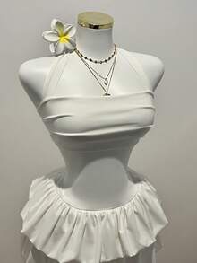 Elamini 女士优雅日常百搭通勤休闲白色短款连衣裙，层叠荷叶边下摆，露背系带蝴蝶结 - 白色 - 查看 8