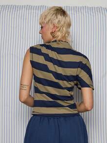 COUREZ 条纹短袖不对称针织上衣 / Y2K 短袖上衣 外出上衣 女式上衣 夏季女装 蓝色上衣 可爱上衣 夏季上衣 夏季穿搭 - 彩色 - 查看 3