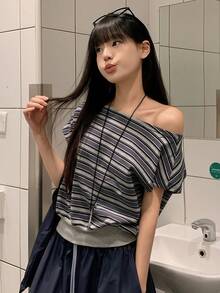 K-Vae Women's Striped Asymmetric-Shoulder Short Sleeve Casual Loose T-Shirt - Navy Blue - View 5