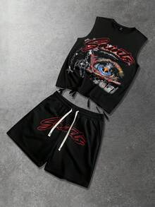 ROMWE MEN Street Life Bộ áo tank top rách in họa tiết dành cho nam, phong cách đường phố thường ngày. - màu đen - Xem 5