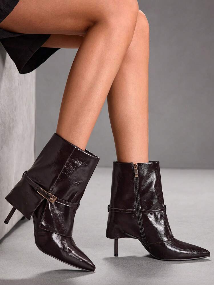 CUCCOO SZL Women's Outdoor Pointed Toe Stiletto Heels Buckle Decor Dual-Layer Material Design Fashion Comfortable Daily Party Banquet Side Zipper Boots Valentine's Day