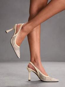 CUCCOO SZL 女士尖头水钻装饰优雅高跟凉鞋 - 杏色 - 查看 9