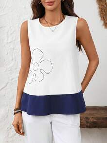 EMERY ROSE 女士印花撞色圆领休闲宽松背心 - 白色 - 查看 3
