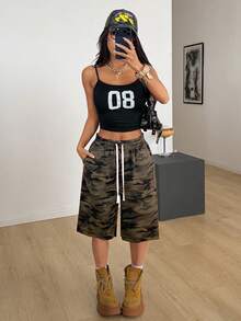 Muchica 女士宽松迷彩印花阔腿百慕大短裤 - 軍綠色 - 查看 3