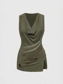 ROMWE Grunge Punk 大码女式复古朋克金属孔眼装饰垂褶领口不对称下摆修身背心 - 軍綠色 - 查看 1