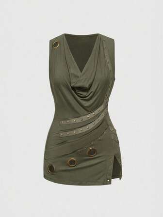 ROMWE Grunge Punk Regata Ajustada com Decote Drapeado, Borda Assimétrica e Decoração de Ilhós Metálicos Vintage Punk Plus Size para Mulheres