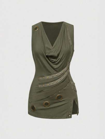 Grunge Punk Canotta aderente da donna taglie forti, stile vintage punk, con decorazione in metallo e occhielli, scollo drappeggiato e orlo asimmetrico