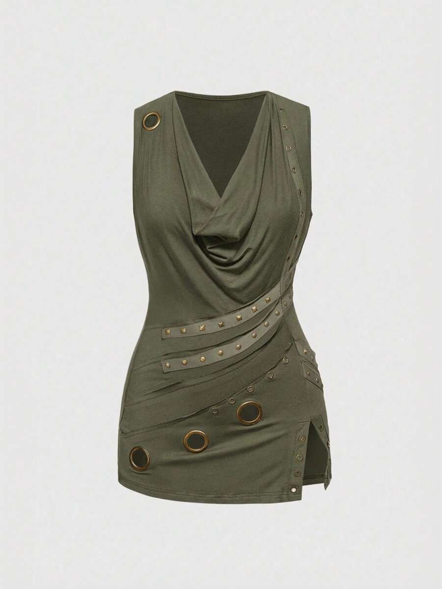 ROMWE Grunge Punk 大码女式复古朋克金属孔眼装饰垂褶领口不对称下摆修身背心 - 軍綠色 - 查看 1