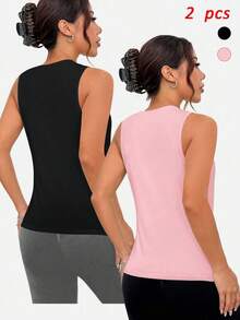 SHEIN Velisys 2pcs/Set Casual Versatile Simple Letter Print Sleeveless Sports Tank Top - Multicolor - View 2