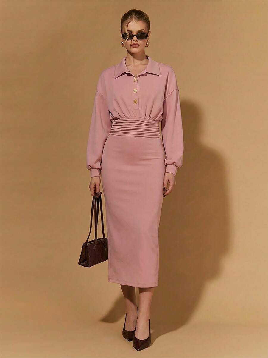 COSMINA 2pcs Women's Elegant Metal Decor Button Collared Shirt Set,Dusty Pink Autumn Elegant Brunch Long Sleeve Midi Modest Curve Skirt For Office Commute - Pink - View 1