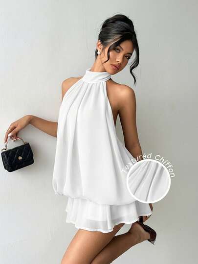 Aloruh Women's Elegant White Halter Tie Mini Dress