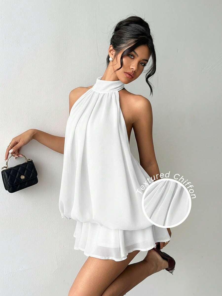 Aloruh 女士优雅白色吊带系带迷你连衣裙 - 白色 - 查看 1