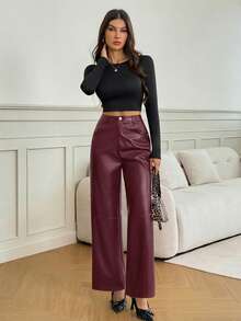 SHEIN Tall Pantalones rectos de piel de poliuretano negros para una cita - Burdeos - Ver 8