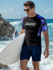 Manfinity Swimmode Traje de baño con estampado tropical para hombres, playa y surf - Negro - Ver 3