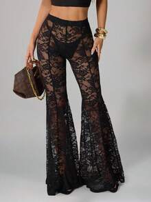 SHEIN PETITE Women's Black Sexy Lace Night Out/Rave Party/Club Wear/Bachelor Party/Theme Party Outfit See-Through Lace Wide-Leg Flared Pants/70s Clothes/Black Pants - Black - View 4