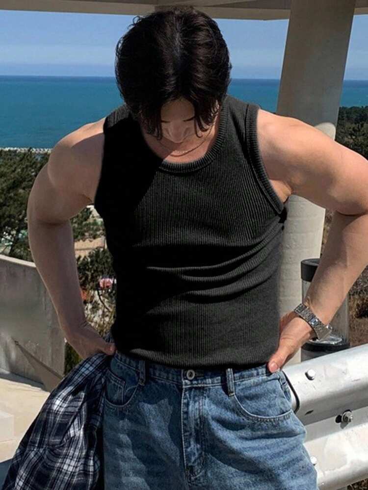 Men's Summer Casual Solid Black Tank Top