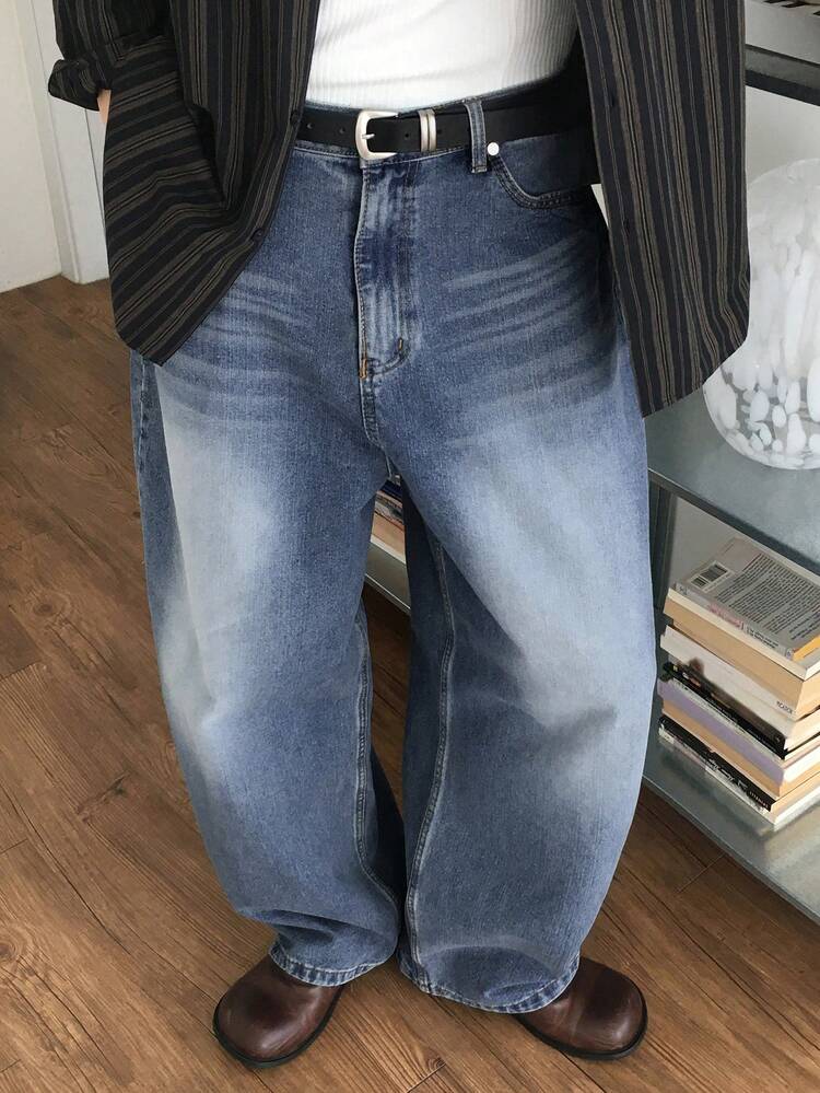 Men's Loose Fit Distressed Washed Denim Jeans With Pockets, Spring