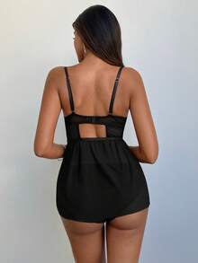 Aloruh Summer,Spring, Vacation,Lady's Dark Black Dress, With Lace Decoration, Patchwork Design, Backless Style, Waistline Design, Dignified And Noble, Valentine's Day Theme, Date Wear, Solid Color Lace Patchwork Backless And Shoulder-Revealing Pajamas - Black - View 7