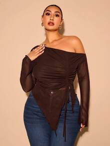 SHEIN BAE Plus Size Women Solid Asymmetric Shoulder Sleeveless Casual Form-Fitting Blouse - Coffee Brown - View 5