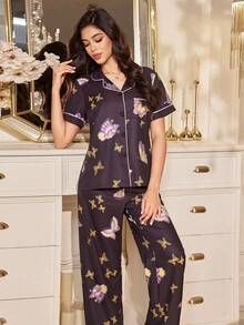 SHEIN 泡泡褶皱蝴蝶印花滚边前开襟睡衣套装 - 黑色 - 查看 6