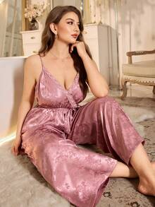 MuseNap CURVE Plus Size Jacquard Faux Silk & Contrast Lace Jumpsuit - Dusty Pink - View 7
