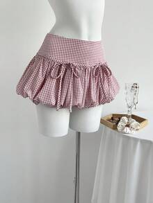Elamini Cute Bow Tie Plaid A-Line Peplum Skirt, Low Waist Bubble Hem Skirt