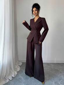 SHEIN Elenzya Bộ vest đi làm thanh lịch, áo khoác và quần dài tay hai hàng khuy trơn màu dành cho nữ - Cà phê nâu - Xem 5