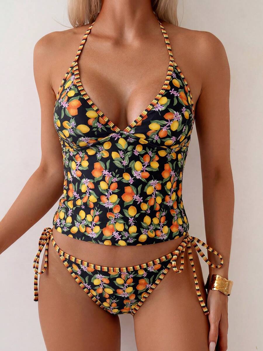 SHEIN Swim 柠檬印花沙滩度假条纹抽绳吊带背心和比基尼套装（2件套） - 彩色 - 查看 1