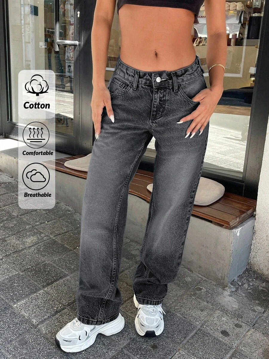 EURMUSE Slant Pocket Solid Color Casual Versatile Straight Leg Jeans - Light Grey - View 1