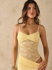 SHEIN BAE Đầm ren xếp ly xuyên thấu màu đỏ/đỏ tía, hở lưng, gợi cảm với dây đeo mảnh, đầm đi biển mùa hè, đầm hở lưng phong cách Bohemian, trang phục dự hòa nhạc cho nữ, đầm phù dâu. - Màu vàng - Xem 3