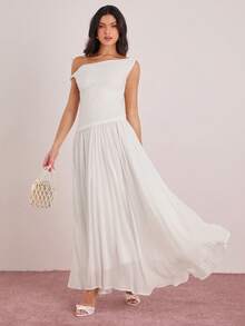 Enchnt 女士纯色不对称肩部褶皱优雅长裙 - 白色 - 查看 1