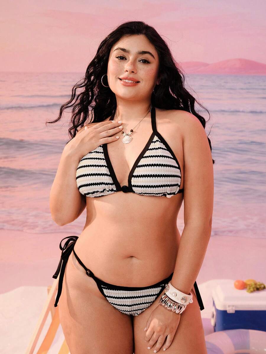 Swim Mod New Vintage Striped Textured Fabric Bikini Set, Contrast Color Summer Swimsuit Set, Plus Size Swimwear Set - Black and White - View 1
