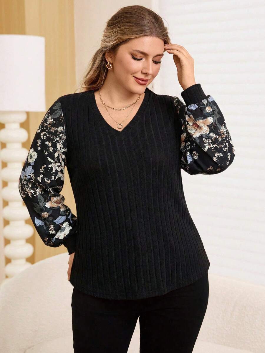 Rosumi Plus Size V-Neck Floral Print Ribbed Casual Long Sleeve T-Shirt Winter Tops For Women Fall Tops Women Lantern Sleeve Blouse Black Top Women Blouses Full Sleeve Tops Tops For Women Elegant Jumper For Woman Plus Size Solid Color Ribbed Knit T Shirt New Year Christmas For Women