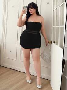 CovetEZ Plus Size Solid Color Mesh Patchwork Ruffle Fitted Mini Tube Dress, Spring/Summer - Black - View 6