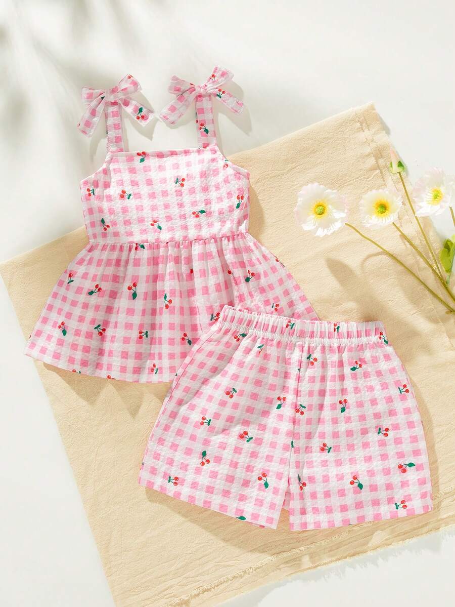 Souflis Souflis 2件套女婴幼儿/新生儿0-3岁休闲日常可爱度假条纹蝴蝶结装饰吊带背心+短裤套装，春夏款 - 淺粉色 - 查看 1