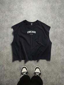 Manfinity ZONE917 宽松白色“CHICAGO”印花黑色短款露背背心 - 黑色 - 查看 5