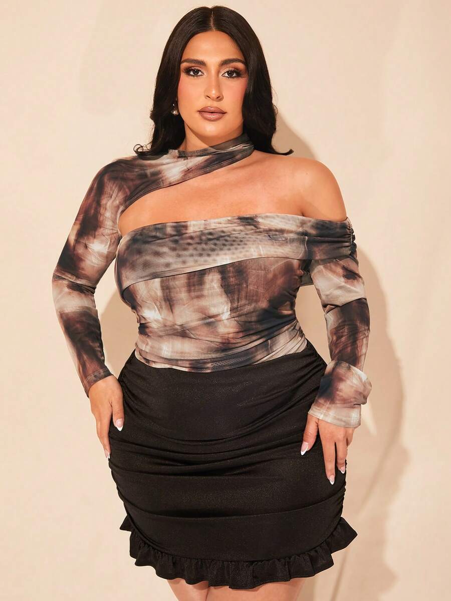 SHEIN BAE 大码女士优雅夏季扎染印花不对称领褶皱修身连体衣，渐变棕色连体衣，不对称设计，适合浪漫约会、派对、夜生活、婚礼宾客礼服、日常穿着、情人节、毕业典礼、婚礼、复活节、海滩装扮/沙滩装、春假装扮、夏季/女士夏季装扮、春假装扮、复活节礼服、演唱会服装、大码性感 - 彩色 - 查看 1