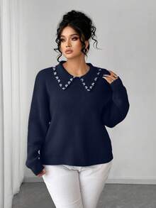 SHEIN Elenzya 女士珍珠领纯色简约套头毛衣 - 寶藍色 - 查看 3