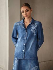 Selenza Women's Applique Long Sleeve Single-Breasted Casual Denim Shirt - Medium Wash - View 8