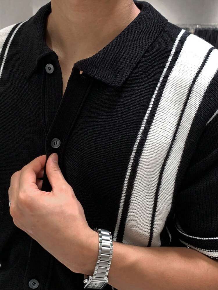 Men's Black, Brown, White Striped Knit Sweater, Spring/Summer