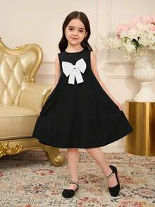 SHEIN Elladie kids 少女无袖优雅休闲蝴蝶结设计中长连衣裙 - 黑色 - 查看 5