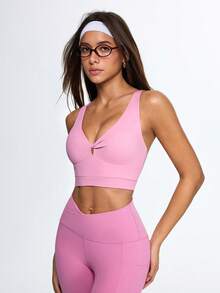 Slayform Women's Soft Pink V-Neck Twist Front Longline Sports Bra,Double Strappy Back Keyhole Yoga Top,Summer Athleisure Open Back Gym Workout Athletic Top - Pink - View 3