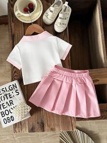 Souflis Souflis 2pcs Baby Girl Pink Summer Cute Back-To-School Outfit,Newborn 0-3 Years Old Casual Sporty V-Neck Polo Collar Short Sleeve Tee Shirt And Pleated Skirt - Pink - View 3