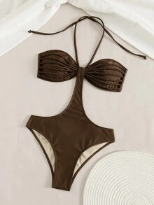 Swim Chiccia Traje de baño de una pieza elegante y sexy con espalda descubierta, plisado y trenzado en color marrón, adecuado para la playa, festivales de música, primavera/verano - Marrón - Ver 6