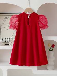 Girls Elegant Round Neck Heart Mesh Puff Sleeve Bow Front Casual Fashion Dress, Suitable For Vacation, Travel, Birthday Gift, Summer - Burgundy - View 2